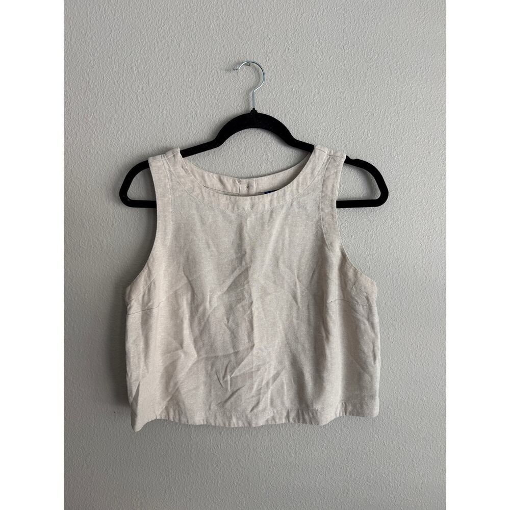 Old Navy Women’s Sz M High Neck Button-Back Linen Blend Tank Top Cream Tan - Picture 4 of 9
